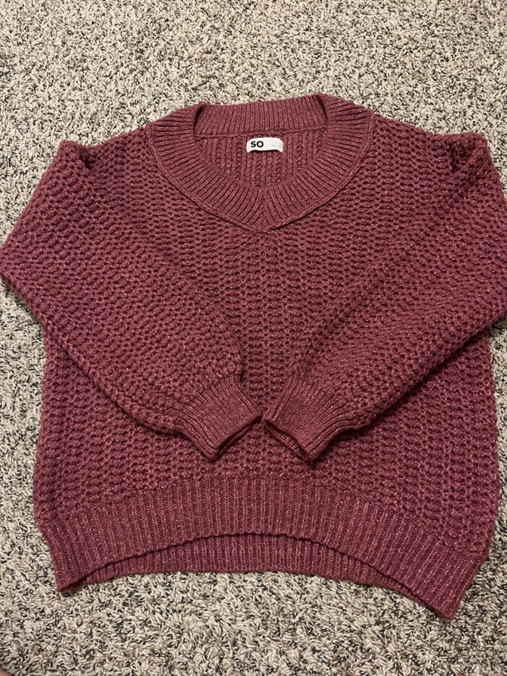 SO Dusty Burgundy V-Neck Chunky Knit Sweater
